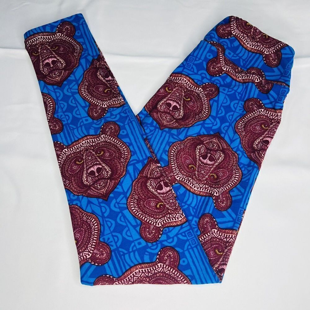 LulaRoe OS Leggings Maroon Mosaic Bears X Unicorn On A Blue Background 0666
